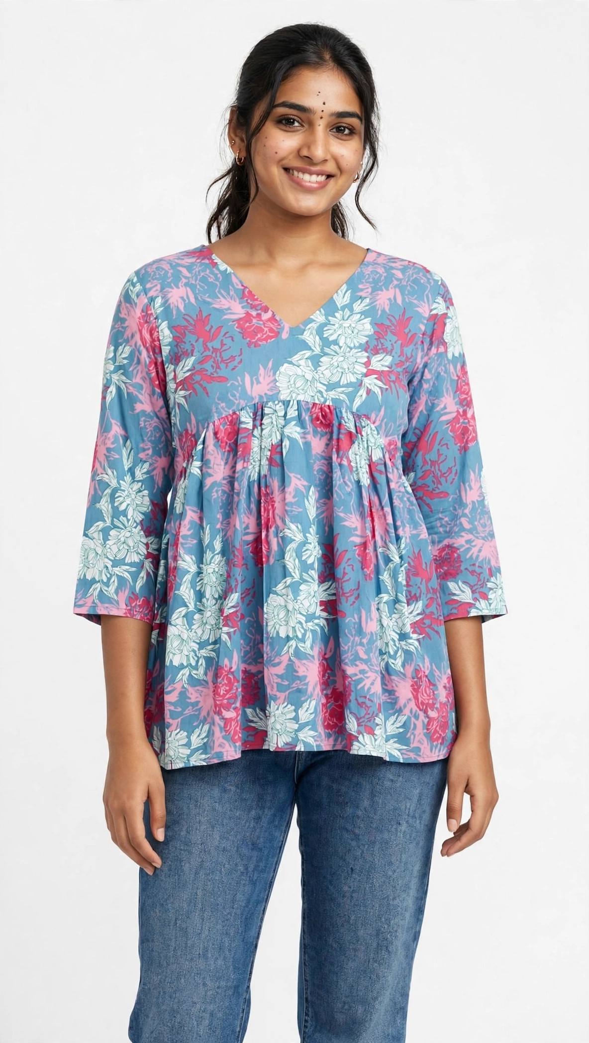 Blue Floral Alia Cut Short Top